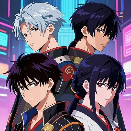 Anime-style digital drawing of four serious, handsome characters with varying hair colors (blue, black, black, black) in neon-lit city background.