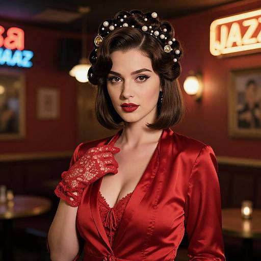 Photorealistic CGI of a 1950s-style woman in a red satin blouse, lace gloves, and polka-dot hairpins, standing in