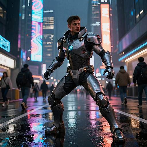 Photorealistic CGI of a muscular man in shiny, silver Iron Man armor standing confidently in a neon-lit, rainy city street.