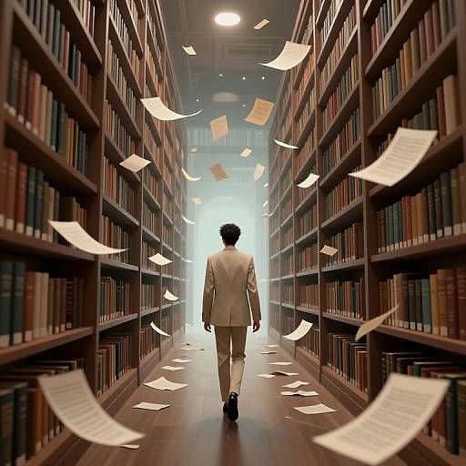 Photograph-like digital art of a man in a beige suit walking down a library aisle, surrounded by floating papers, with bookshelves on both sides