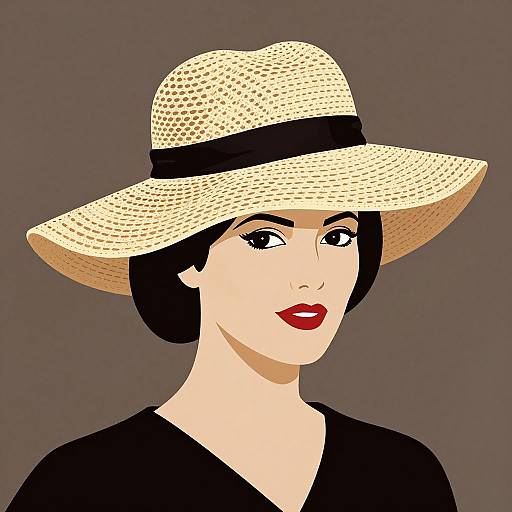 Digital illustration of a fair-skinned woman with black bob hair, red lipstick, black top, and a straw hat with black band.