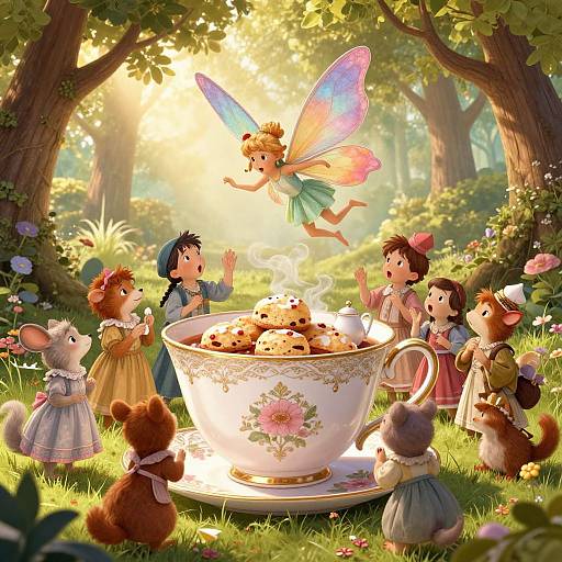 Whimsical forest scene: fairy with colorful wings hovers over giant teacup, surrounded by mice in dresses and children, sunlight filtering through trees
