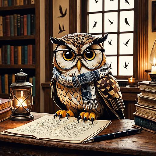 Whimsical Owl Writer in Cozy Study