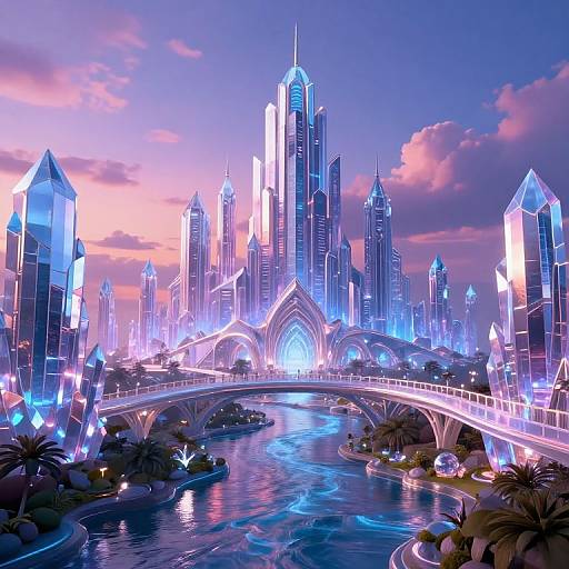 Neon-lit futuristic cityscape with glowing skyscrapers, illuminated arched bridge, and flowing river under a pink-purple twilight sky, featuring reflective