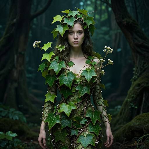 Photograph of a young woman with fair skin and dark hair, standing in a dark forest, wrapped in green ivy leaves and small white flowers,
