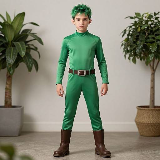 Photograph of a young boy with green spiky hair, wearing a green long-sleeve suit, brown belt, and boots, standing between two