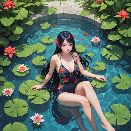 Solo Girl in Floral Swimsuit by Water