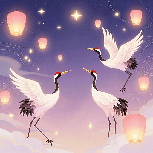 Digital illustration of two white cranes with black necks and red crowns, wings spread, interacting amidst a night sky filled with glowing paper lanterns