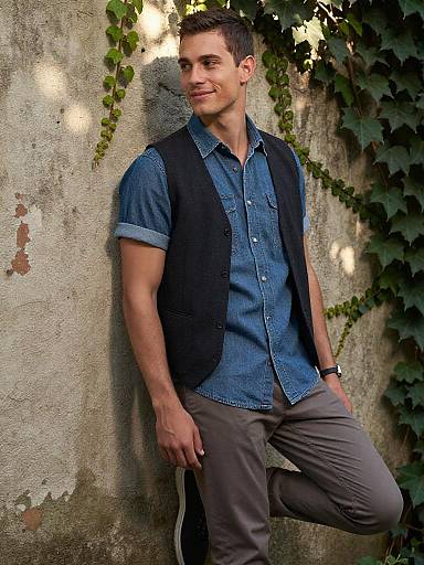 Young Man in Denim Shirt and Vest Outdoors