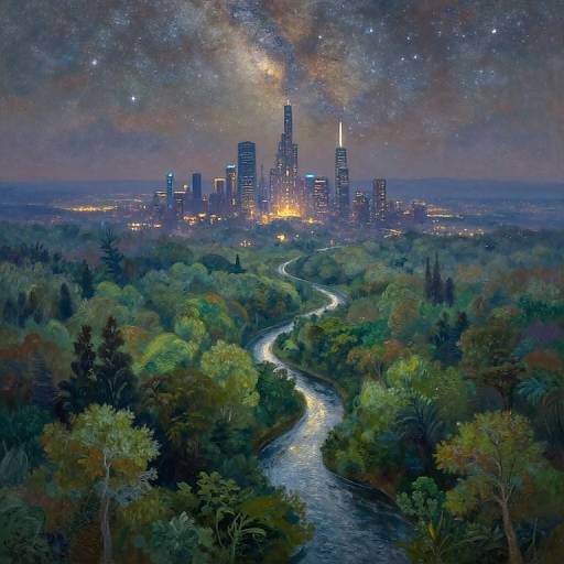 Digital art of a luminous city skyline under a starry night sky, with a winding river cutting through lush, green forest.