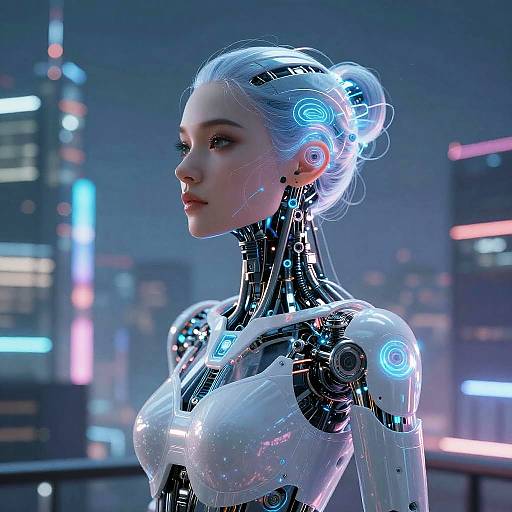 CGI image of a futuristic, cybernetic woman with blue glowing hair, sleek metallic skin, and glowing circular motifs, standing in a neon-l
