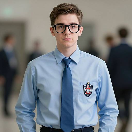 Photograph of a young white man with short brown hair, black-framed glasses, and light blue school uniform shirt with dark blue tie, standing in