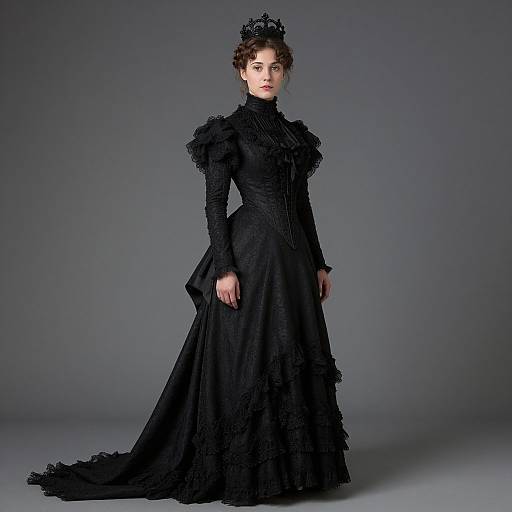 Photograph of a pale-skinned woman in a Victorian-style, black, lace, long-sleeved gown with intricate patterns, standing against a gray