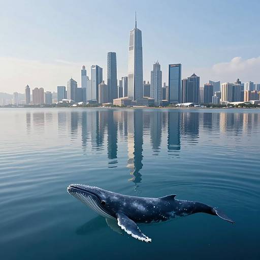 Photograph of a massive blue whale swimming in calm, reflective water in front of a modern city skyline with tall skyscrapers under a clear blue sky