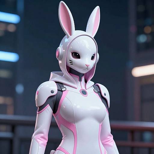 CGI image of a white, futuristic, robotic rabbit woman with pink accents, large ears, black eyes, and a sleek, form-fitting bod
