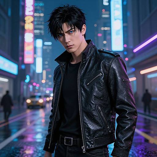 Photorealistic CGI of a handsome, pale-skinned young man with black hair and blue eyes, wearing a black leather jacket, standing in a neon