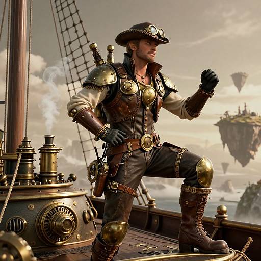 Digital art: Steampunk pirate captain with gold armor, leather vest, and goggles, standing confidently on ship deck with islands and cloudy sky in background