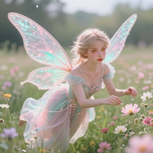 Photorealistic CGI of a fair-skinned, blonde fairy with iridescent wings, wearing a pastel dress, delicately touching flowers in a