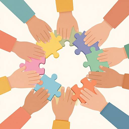 Digital illustration of diverse hands, each wearing colorful sleeves, holding various puzzle pieces forming a circle on a white background.