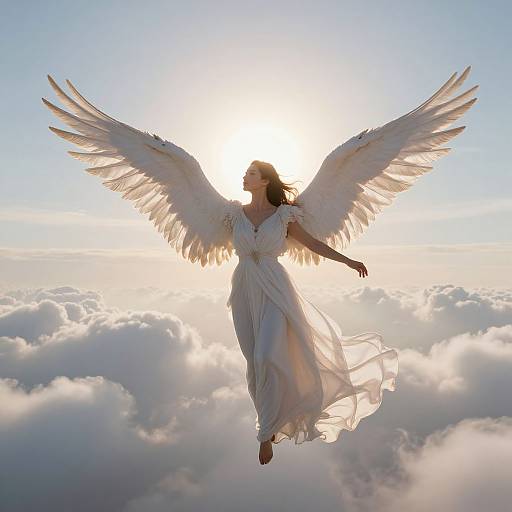 Photograph of a winged woman in a flowing white dress, floating above a sea of fluffy clouds, bathed in sunlight.