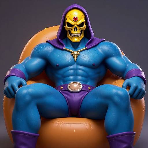 CGI image of a muscular, blue-skinned superhero with a yellow skull mask, purple hood, and briefs, sitting on an orange chair.