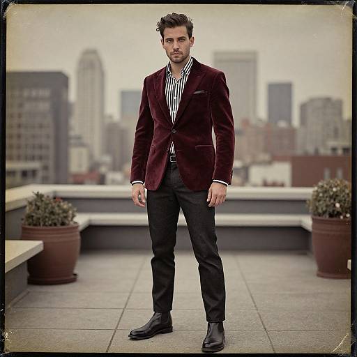 Photograph of a handsome man in a dark maroon velvet blazer, black pants, and black shoes, standing on a rooftop with a city skyline