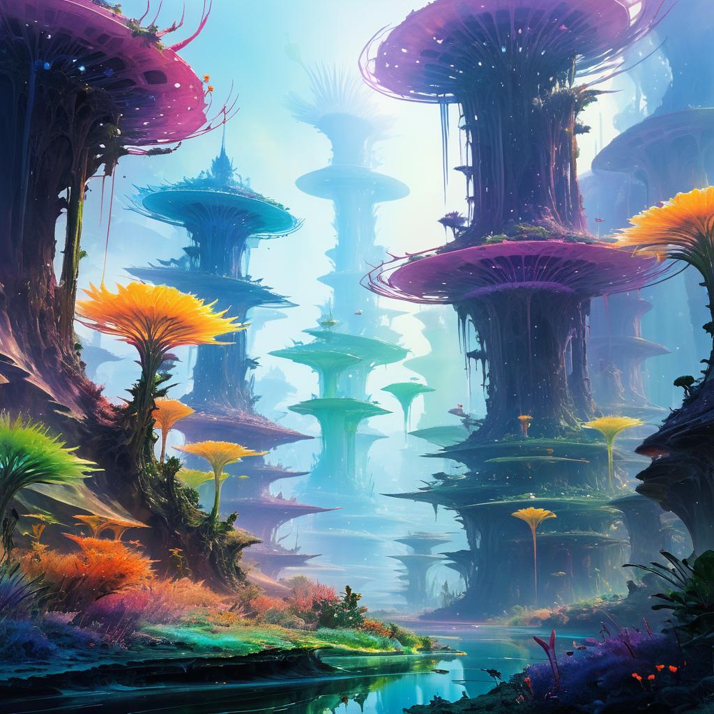 Vibrant Alien Landscape with Flora and Creatures