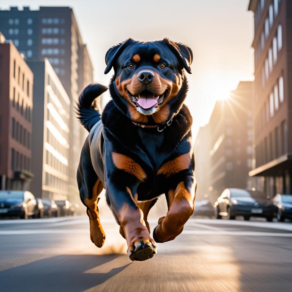 Rottweiler Running in Early Morning Light