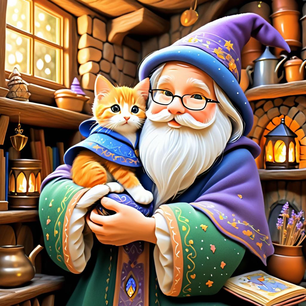 Whimsical Wizard and Playful Kitten