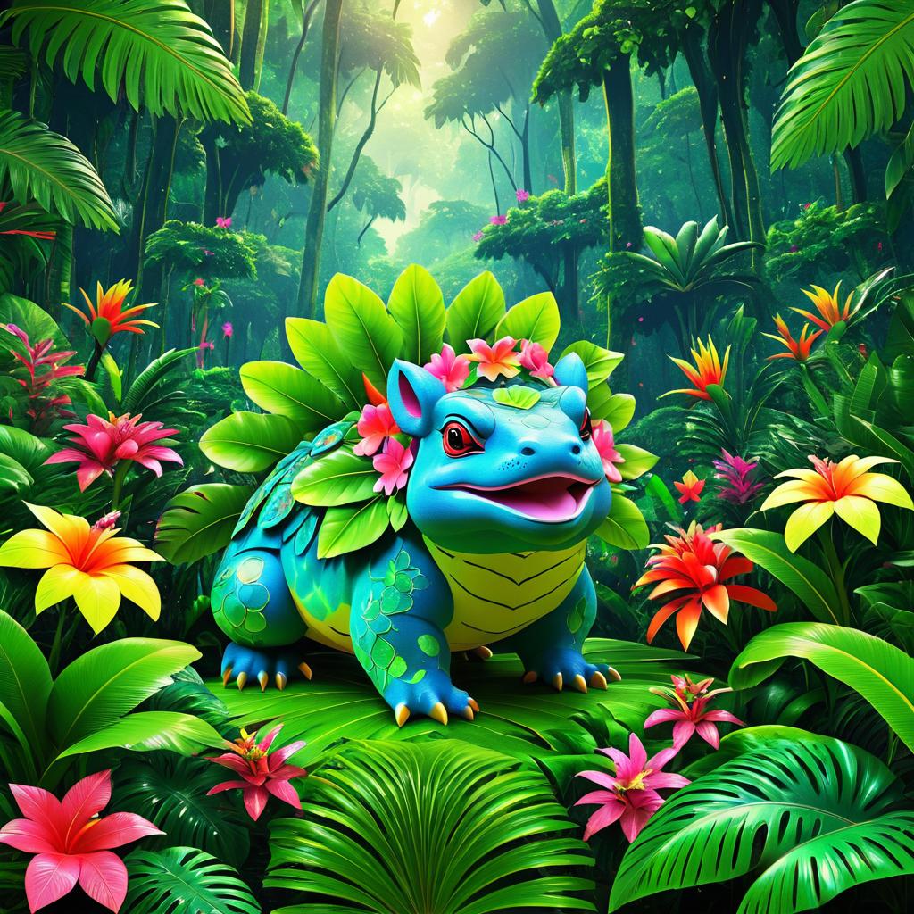 Vivid Venusaur in Tropical Rainforest Scene