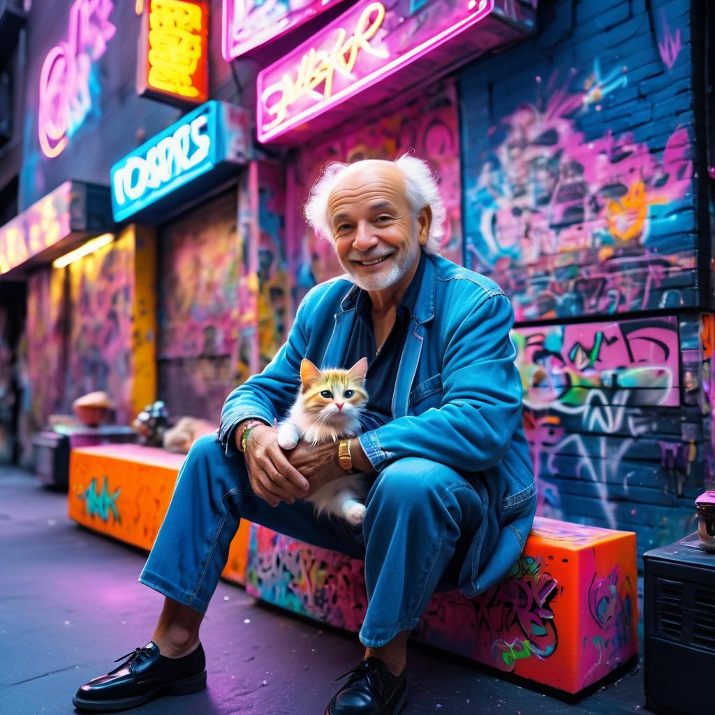 Cheerful Elderly Man with Kitten in NYC