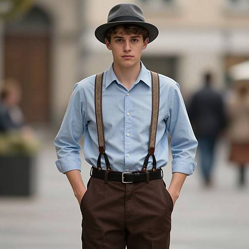 Photograph of a young man with curly hair, wearing a black bowler hat, light blue shirt, brown suspenders, and dark pants, standing