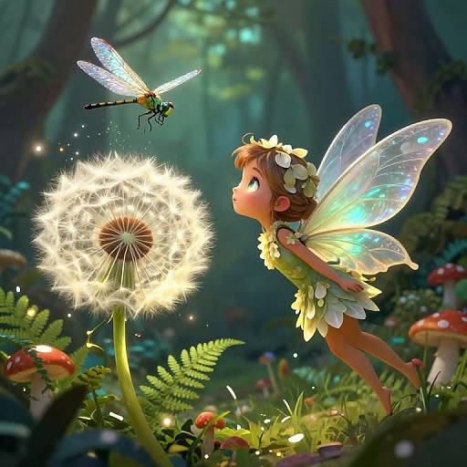 Digital fairy art: A sparkling fairy with translucent wings gazes at a glowing dandelion, as a dragonfly hovers nearby in a magical forest
