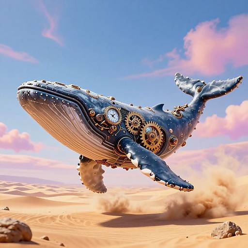 Photorealistic CGI of a steampunk blue whale with gears and clockwork mechanisms flying over a sandy desert under a bright blue sky.