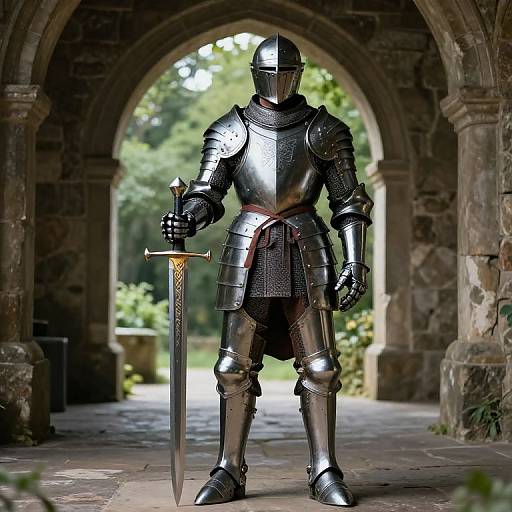 Photograph of a fully armored knight in shiny steel plate armor, holding a long sword, standing in a stone archway with sunlight filtering through the background
