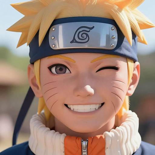Close-up of a smiling anime-style Naruto with spiky blonde hair, blue headband, whisker marks, winking, and bright white teeth.