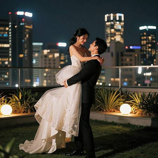 Romantic Rooftop Embrace at Night