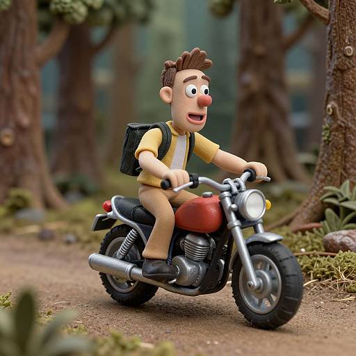 3D digital illustration of a cartoon boy with brown hair, yellow jacket, brown pants, black backpack, riding a red motorcycle in a forest.