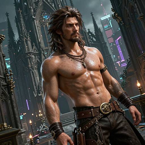 CGI fantasy scene of a muscular, shirtless man with long black hair, leather accessories, and a necklace, standing in a neon-lit,