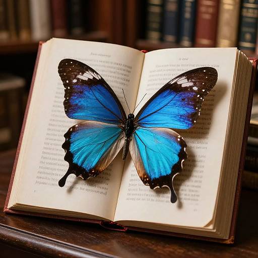 Photograph of a vivid blue and black butterfly perched on an open book, with blurred bookshelves in the background.