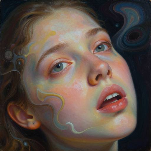 Hyper-realistic digital portrait of a young woman with glowing skin, blue eyes, and wavy, colorful patterns on her face, against a dark background