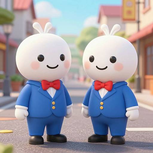 CGI image of two cute, white, round-headed, cartoon bunnies in blue suits with red bows, standing on a sunny, blurred street