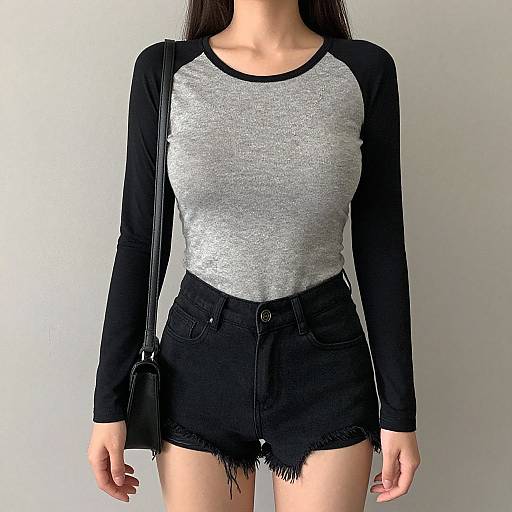 Photograph of a woman with long dark hair, wearing a gray and black raglan shirt, black high-waisted frayed denim shorts, and