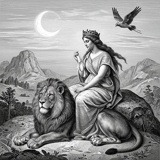 Black-and-white engraving of a crowned woman in a flowing dress, seated on a resting lion, with a crescent moon and flying bird in a