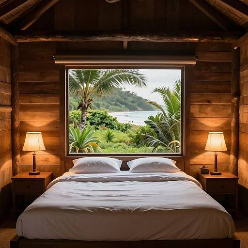 Photograph of a rustic wooden cabin bedroom with a large window showing lush tropical greenery, white bed, two lit lamps, and a view of a