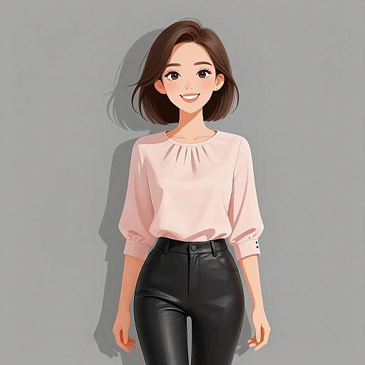 Digital anime-style drawing of a smiling young woman with short brown hair, wearing a pink blouse and black high-waisted pants, standing against a plain