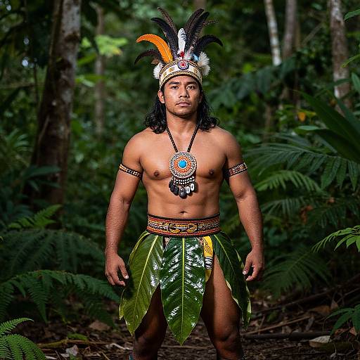 Photograph of a muscular, tan-skinned man with long black hair, wearing a feathered headdress, tribal necklace, and leaf skirt, standing