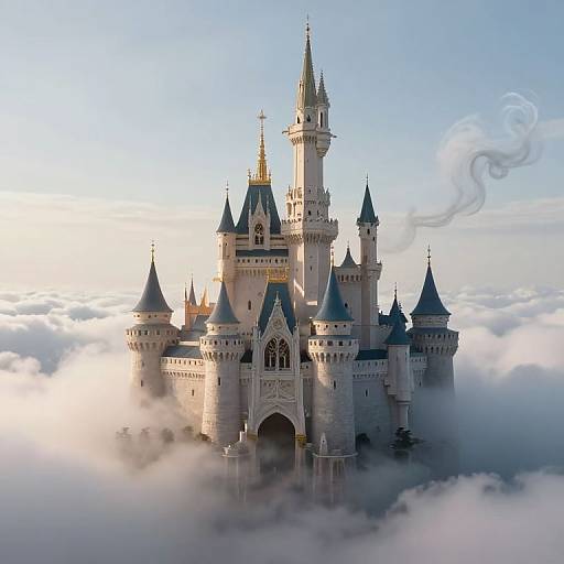 Photorealistic CGI of a majestic, castle-like structure with multiple towers and turrets, surrounded by fluffy white clouds, bathed in soft sunlight.