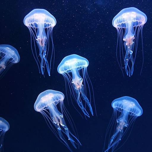 Photograph of glowing blue jellyfish with translucent, bell-shaped bodies and long, flowing tentacles against a dark, starry ocean background.