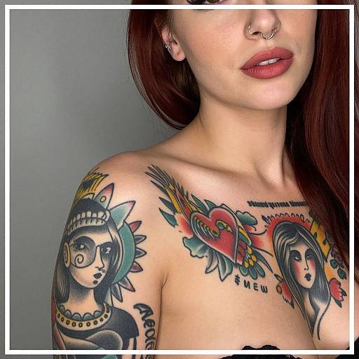 Photograph of a topless woman with fair skin, red lipstick, nose ring, and dark hair, showcasing colorful tattoos of a Native American woman and